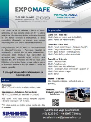 Vagas abertas para a Misso Empresarial a Expomafe 2019 e visita tcnica a Masipack em So Paulo/SP